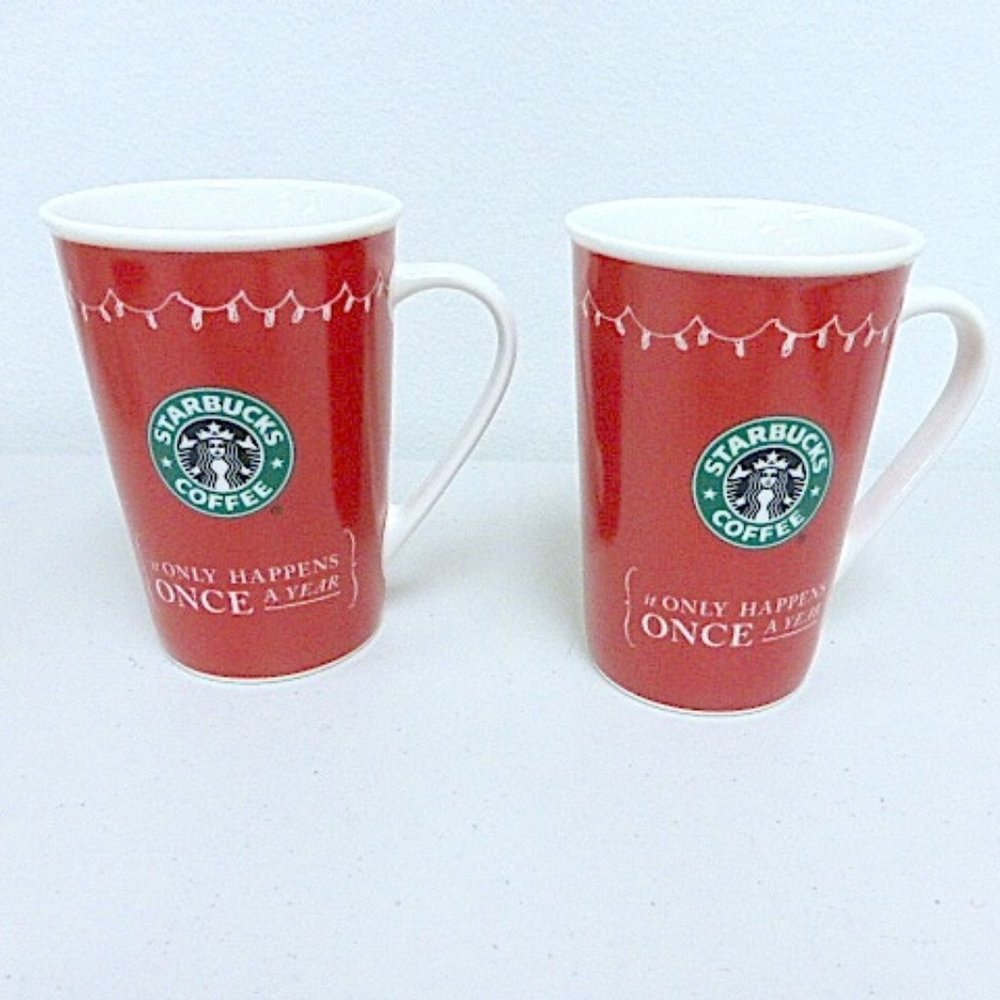 STARBUCKS HOLIDAY MUGS 2 RED WITH STOCKINGS 2005